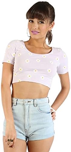 White Daisy Print Lavender Crop Top(LILAC,L)
