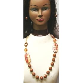 Large Rectangular and Round Dark Brown and Glass Beads on Antique Gold Chain Necklace and Earrings...