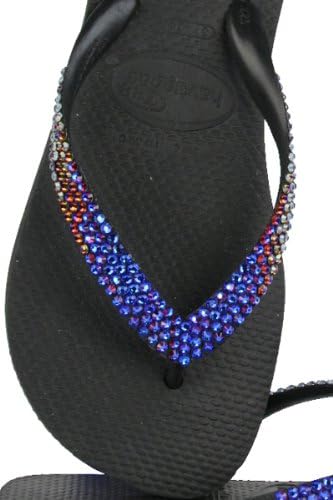 Havaianas by Lori Jack "Top" Swarovski Crystal Flip Flops (37/38, Black/Blue Volcano)