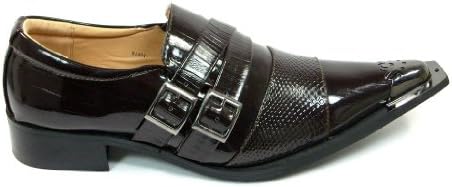 Mens Brown Patent Leather Metal Toe Tip Dress Shoes Double Strap Buckle Design