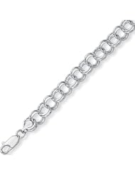 14K 07" White Gold Polish Diamond Cut Double Link Charm Bracelet With Lobster Clasp