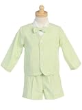 Boys Easter 4 - Piece Striped Seersucker Eton Suit in Green With A Lined Eton Jacket, Elastic Waist Shorts, Short Sleeve Eton Shirt and Bow Tie