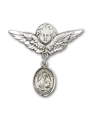 Sterling Silver Baby Badge with St. Albert the Great Charm and Angel W/wings Badge Pin. Saint Albert the Great Is the Patron Saint of Scientists & Philosophers.