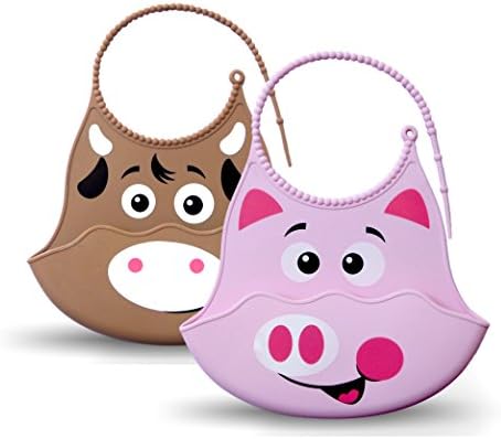 Bibimals Baby Bibs (Farm Pack) Slide Latch Most Adjustable Bib - Funny Cool Cute 2 Pack of Bibs with Food Catcher Pocket Made From Waterproof Washable Silicone Plastic, Best for Use with Girl or Boy Infants and Babies - Your Baby Will Love These Silly Animal Face Bibs, Great Baby Shower Gift, Lifetime Guarantee - [Add These Bibs to Your Baby Registry Today]
