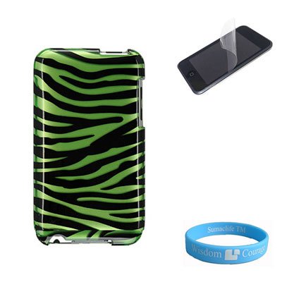 Apple iPod Touch 2nd and 3rd generation Green Zebra Protector Case + Clear Screen Protector + Wristband