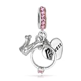 Bling Jewelry 925 Silver Princess Heart Crown Pink CZ Ring Dangle Charm Fits Pandora