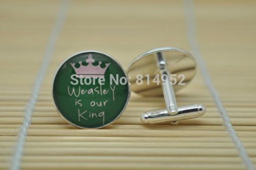 A gentleman 1pairs Harry Potter Slytherin Colours jewelry Cufflinks 'Weasley is our King' Cufflinks in silver glass Cabochon Cuff linksC0177