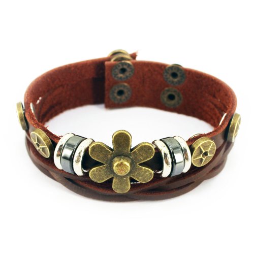 November's Chopin (TM) Unique Charm Flower Button Leather Adjustable Single Wrap Bracelet