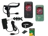 iShoppingdeals - Black/Green Soft Skin Case + Car Charger + AC Travel Charger + Screen Protector + Armband + Beltclip + Fishbone Keychain for Creative Zen Mozaic EZ300 4GB/8GB/16GB