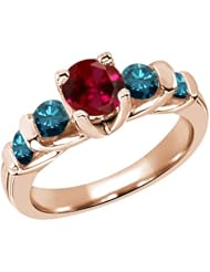 1.88 Ct Round Red Created Ruby Blue Diamond 14K Rose Gold Ring