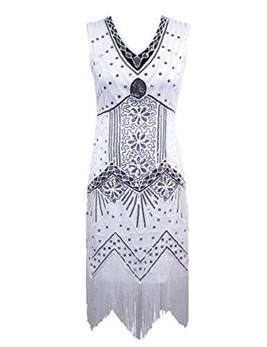 PrettyGuide Women's 1920s V Neck Beaded Sequin Art Deco Gatsby Inspired Flapper Dress