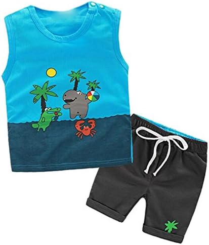 Gclear Kids Baby Boy 2pc Crocodile Crab Hippo Printed Tamk Top Shorts 90cm blue