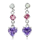 Natural Diamond, Pink Tourmaline, Amethyst Heart Earrings in 10k White Gold, 1.06 cttw