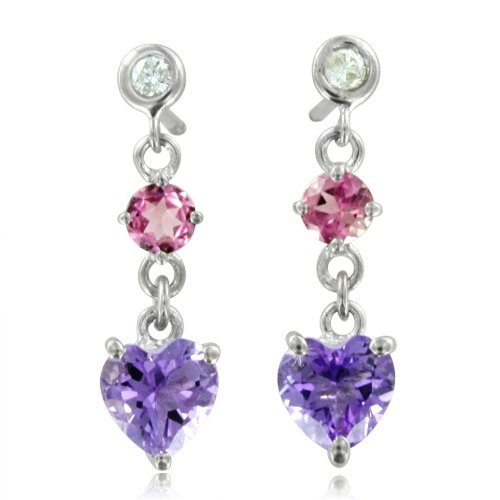 Natural Diamond, Pink Tourmaline, Amethyst Heart Earrings in 10k White Gold, 1.06 cttw