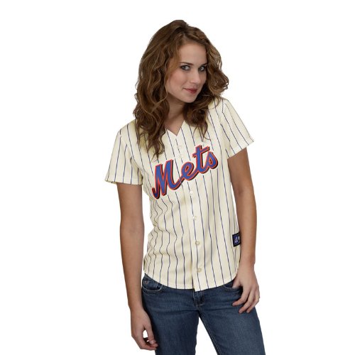 MLB Women's New York Mets Johan Santana Ivory/Royal Alternate Short Sleeve 5 Button Synthetic Replica Baseball Jersey Spring 2012  (Ivory/Royal, Large)