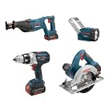 Bosch CLPK401-181 18-Volt Lithium-Ion 4-Tool Combo Kit (Drill/Driver, Reciprocating Saw, Circular Saw, Flashlight)