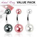 Body Accentz&reg; Belly Button Ring Navel Faux Pearl value pack Body Jewelry 14 Gauge