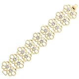 14k Gold Bonded Milligrain Clover Link Bracelet with Bezel Set Round Cut Clear Crystals and Fold-over Clasp in Goldtone - 7 Inch
