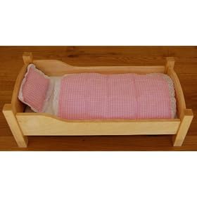 Handmade Wooden Dolls Bed with complete bedding