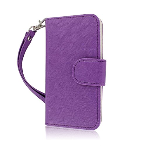 iPhone 5 / 5S Wallet Case, MPERO FLEX FLIP Series Premium PU Leather Wallet [3 Pockets] Inner Flexible TPU Slim Fit Case with Magnetic Flap & Hand Strap For iPhone 5 / 5S - Purple with White Interior