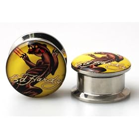Pair of Licensed Ed Hardy Stainless Steel Ear Plug - Panther Logo - 0g