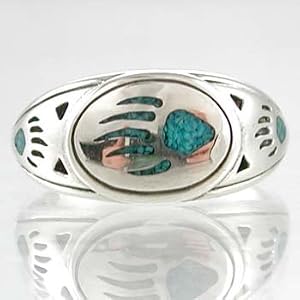 Southwestern Style Oval Bear Paw Ring in Sterling Silver with Turquoise Chip Inlay for Men or Women, Sizes 5, 6, 7, 8, and 9, #10517