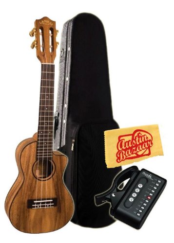 Lanikai SMP-CCA Solid Monkey Pod Concert Cutaway Ukulele (with Electronics) Bundle with Hard Case, Cherub Tuner, and Polishing Cloth