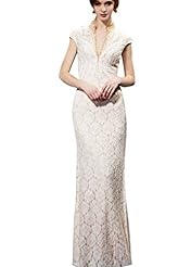 Sexy A-line V-neck Cocktail Floor Length Beaded Lace Satin/Silk Cap Sleeves Homecoming Dress/Pageant Dress/Prom Dress/Party Dress/Wedding Dress 