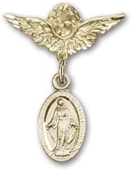 14kt Gold Baby Badge with Miraculous Charm and Angel w/Wings Badge Pin