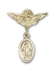 Gold Filled Baby Badge with Miraculous Charm and Angel with Wings Badge Pin