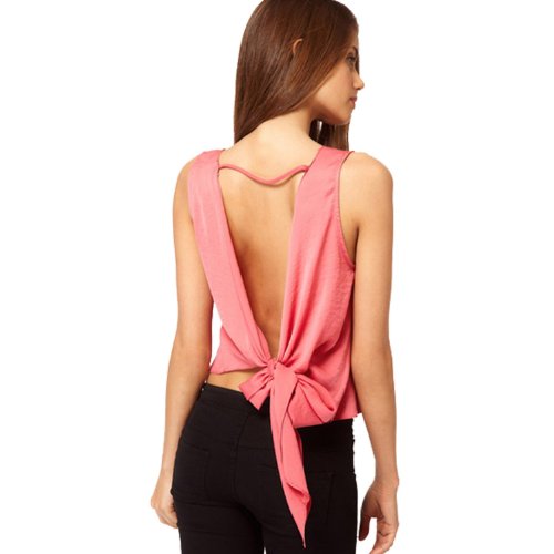 Thinkbay® Sexy Womens Sleeveless Chiffon Chalaza Tops Backless Blouse T-shirt Casual Vest (S/US6/UK8/EU36/L, Red)
