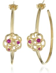 18k Yellow Gold Plated Sterling Silver Created Ruby Twisted Knot Hoop Earrings (1.68" Diameter)