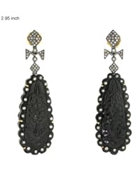 18kt Gold Diamond Pave Gemstone Carved Dangle Earrings Silver Handmade Jewelry
