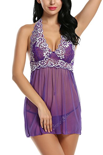 Avidlove Women Outfits Halter Lingerie Mini Nightwear Lace Babydoll Purple L