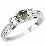 10K Gold Round 3 Stone Diamond and Green Amethyst Ring With Milgrain Pave Set Shank (0.95 ctw)