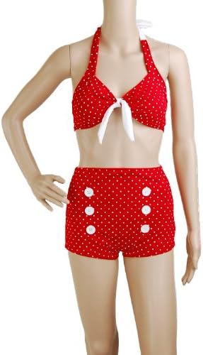 Bikini Red Polka Dot Retro 50s Pin up Rockabilly Vintage Tie Bow Back Halter MOD Women's Swimwear Size Xl , X-large