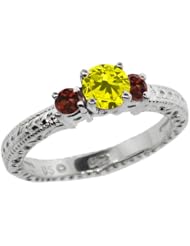 0.79 Ct Round Canary Diamond Red Garnet 14K White Gold 3-Stone Ring