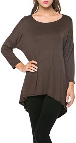A.S Womens Rayon Jersey 3/4 Sleeve High low Tunic Top (Large, Brown)