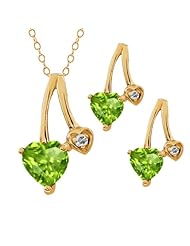 1.87 Ct Heart Shape Green Peridot Gold Plated Silver Pendant Earrings Set 18"