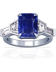 14K White Gold Emerald Cut Blue Sapphire Ring With Sidestones