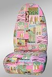 CUSTOM Chevy Uplander Seat Covers - FRONT FULL SET: Low Back Buckets w/ Adjustable Headrest and Inside Arms (2005-2009) - Hawaiian Tapa Cloth Pink - Made in the USA