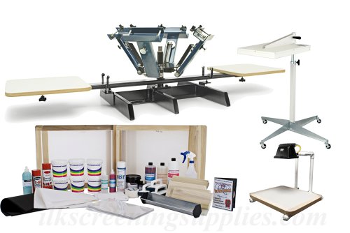 Screen Printing Kit (Spho), Complete Silk Screening Package; Includes a 4 Color Printing Press w/ Two Stations. A Flash Dryer, Plastisol Ink, Squeegee, Silk Screens, Silkscreening Instructional DVD & Screen Printing Instructions, Start Printing Shirts wit