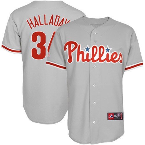 MLB Men's Philadelphia Phillies Roy Halladay Road Gray Short Sleeve 6 Button Synthetic Replica Baseball Jersey Spring 2012  (Road Gray, Medium)