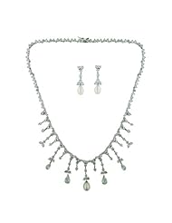 Nickle Free .925 Sterling Silver Jewelry Necklace and Earring White Freshwater Pearl Set with Clear Cubic Zironica Raindrop