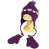 Winter Toddler Girls 2-4 Years Knit Ski Trapper Beanie Hat with Mittens Gloves Set Purple