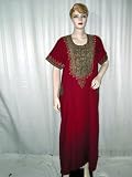 Birthday Gift - Burgundy Red Embroidered Evening Dress Womens Cotton Kaftan Short Sleeve Patio Wear Dress Size L Free Shipping