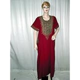 Birthday Gift - Burgundy Red Embroidered Evening Dress Womens Cotton Kaftan Short Sleeve Patio Wear Dress Size L Free Shipping