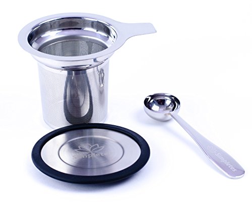 Stainless Steel Tea Infuser Strainer Steeper and Measuring Spoon Set by Simpletes. Extra Fine Mesh Basket Perfect for Loose Leaf Tea. Brew In Mug, Cup, or Small Teapot