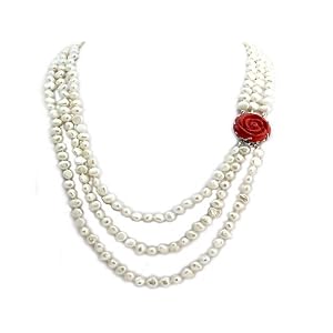 21-24 Inch Long 6.7mm Genuine Pearl and Red Jade Necklace