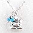 Small Sitting Laughing Buddha Pendant in Sterling Silver with Beads of Turquoise on a 16" Rhodium Ball Chain, #8284